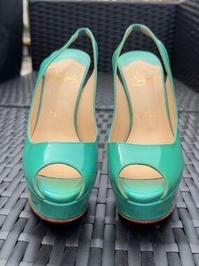 Christian Louboutin Teal Patent Peep-Toe Slingback Heels